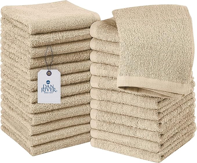 DAN RIVER 100% Cotton Washcloths 24 Pack Premium Quality Face and Body Cloth, Quick Dry Essential Towels for Bathroom, Hand, Kitchen & Cleaning, Baby Washcloths | 12X12 in | 400 GSM | Tan