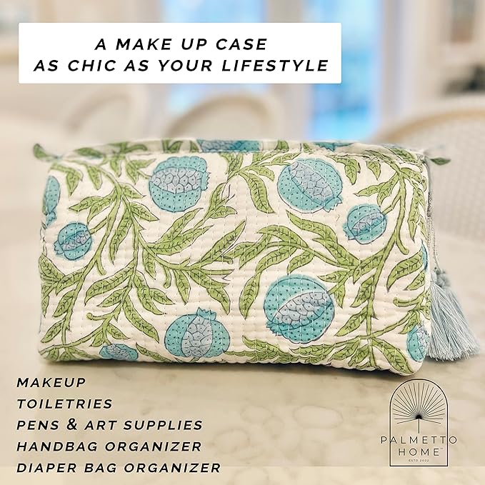 Block Print Toiletry Case & Makeup Bag - Blue & Green Pomegranate