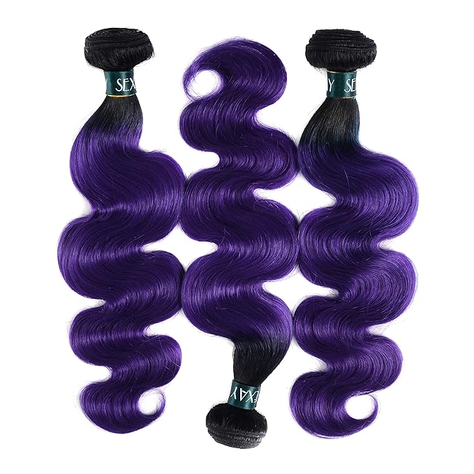 Purple Bundles Body Wave Human Hair Purple Weave 3 Bundles Virgin Hair, Brazilian Remy Hair Ombre 1b/Purple 2 Tone Ombre Hair Wavy For Women(182022)