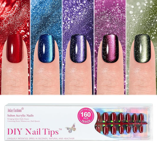 Cat Eye Press on Nails Short 5 Styles, Jofay Fashion 160Pcs Salon-Like Fake Nails with Glitter Chasing Light Cat Eye Designs, Valentines Artificial Acrylic Nails Glue on Nails Stick on Nails for Women