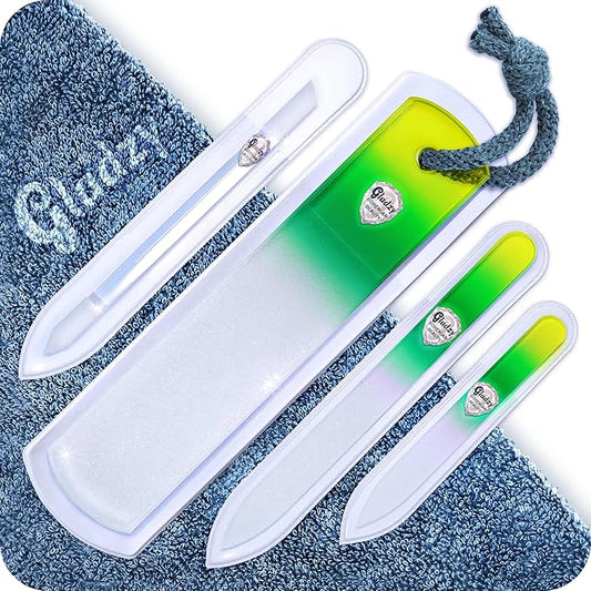 GLADZY Genuine Czech Glass Nail File Set - Callus Remover Foot Rasp, Cuticle Pusher Manicure Stick, Double Sided Etched Different Grit Surface, Professional Nail Care Tool, Made in EU