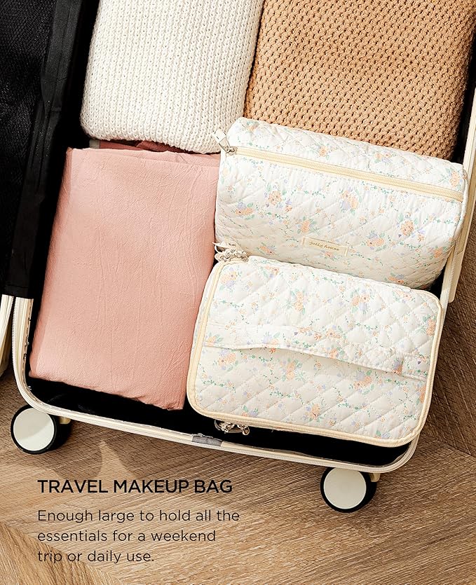 HBselect 2Pcs Travel Makeup Bag, Large Cotton Quilted Makeup Bag Cosmetic Bag Cute Make up Bag Toiletry Bags for Women Girls