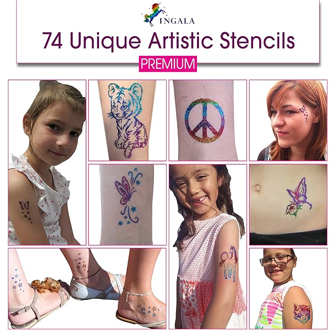Premium Glitter Temporary Tattoo Kit for Girls, 74 Stencils, 16 Colors and 2X 0.5 fl.oz Body Glue for Body Glitter Fake Tattoos for Kids Makeup Tattoo Supplies Party Favors Party Supplies for Girls