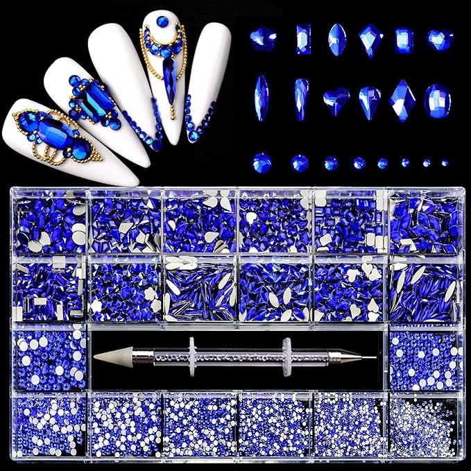 12 Types of Blue 600 Diamonds + 2500 Flat Rhinestones Mix 20 Styles Flatback DIY Crafts Rhinestone Crystals 3D Decorations Flat Back Stones Set + Rhinestone Picker Wax Pen