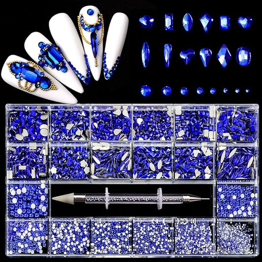 12 Types of Blue 600 Diamonds + 2500 Flat Rhinestones Mix 20 Styles Flatback DIY Crafts Rhinestone Crystals 3D Decorations Flat Back Stones Set + Rhinestone Picker Wax Pen