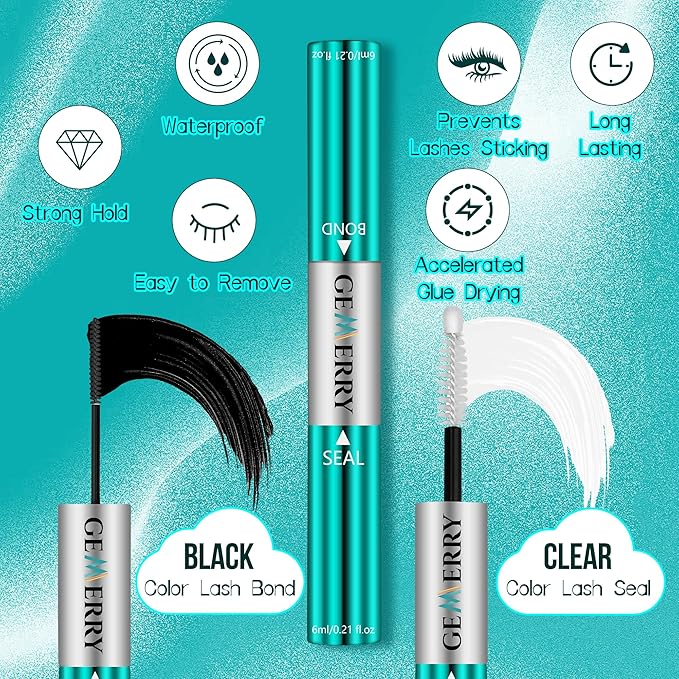 GEMERRY Lash Bond and Seal Kit Lash Cluster Glue Waterproof Strong Hold 72-96 Hours Bond and Seal Lash Glue for DIY Lash Extensions Kit with Eyelash Tweezers Kit