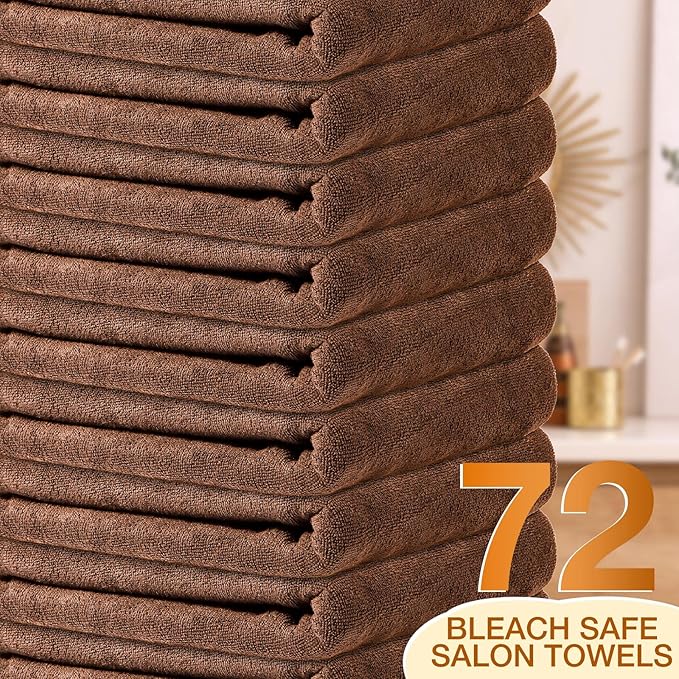 Newwiee 72 Pack Microfiber Bleach Proof Towels Bulk for Salon 18 x 30 Inch Dry Lint Free Hair Drying Hand Towels for Hair, Gym, Bath, Spa, Shaving, Barber(Brown)