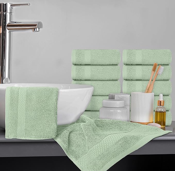 White Classic Luxury Washcloths for Bathroom-Hotel-Spa-Kitchen-Set - Circlet Egyptian Cotton - Highly Absorbent Hotel Quality Face Towels - Bulk Set of 12-13x13 Inch (Lt Green)