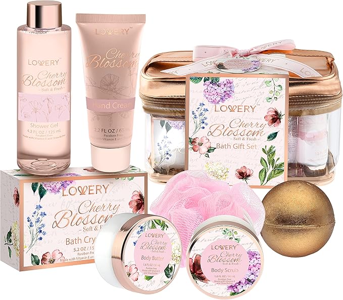 Mothers Day Gifts Bath and Body Gift Basket For Women, Cherry Blossom Home Spa Set, Body Lotion, Shower Gel, Extra Large Bath Bomb, Body Butter, Body Scrub, Bath Crystal, Puff & Rose Gold Cosmetic Bag