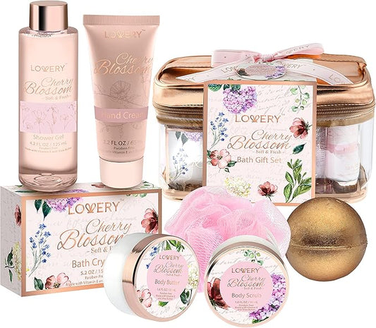 Mothers Day Gifts Bath and Body Gift Basket For Women, Cherry Blossom Home Spa Set, Body Lotion, Shower Gel, Extra Large Bath Bomb, Body Butter, Body Scrub, Bath Crystal, Puff & Rose Gold Cosmetic Bag