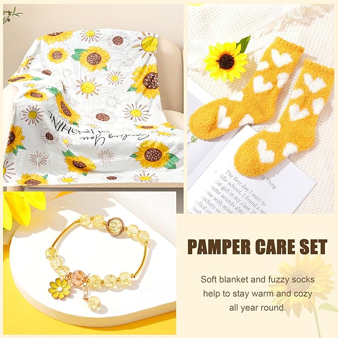 LUCOTIYA Sunflower Get Well Gifts for Women Self-Care Gift Set with Wine Tumbler, Blanket, Neck Pillow, Cozy Socks, Candle, Bath Bombs, for Women Birthday Mom Grandma