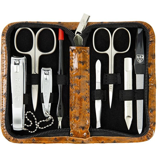 3 Swords Germany – brand quality 8 piece manicure pedicure grooming kit set for professional nail care with synthetic leather case ostrich cognac - Made in Germany
