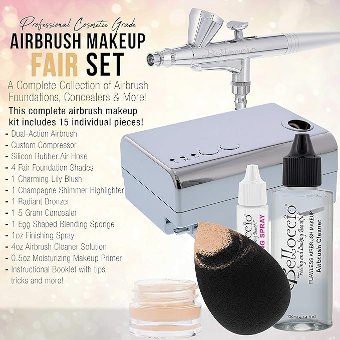 Belloccio Professional Beauty Airbrush Cosmetic Makeup System with 4 Fair Shades of Foundation in 1/4 Ounce Bottles - Kit Includes Blush, Bronzer and Highlighters