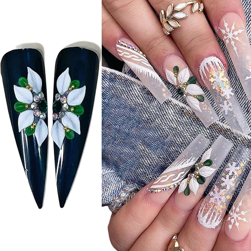Set 8Pcs 3D Acrylic White Green Flower Christmas Nail Art Charms Handmade by Acrylic Powder HaFLoNa Flowers NAils (White Green Flower Christmas 8Pcs)