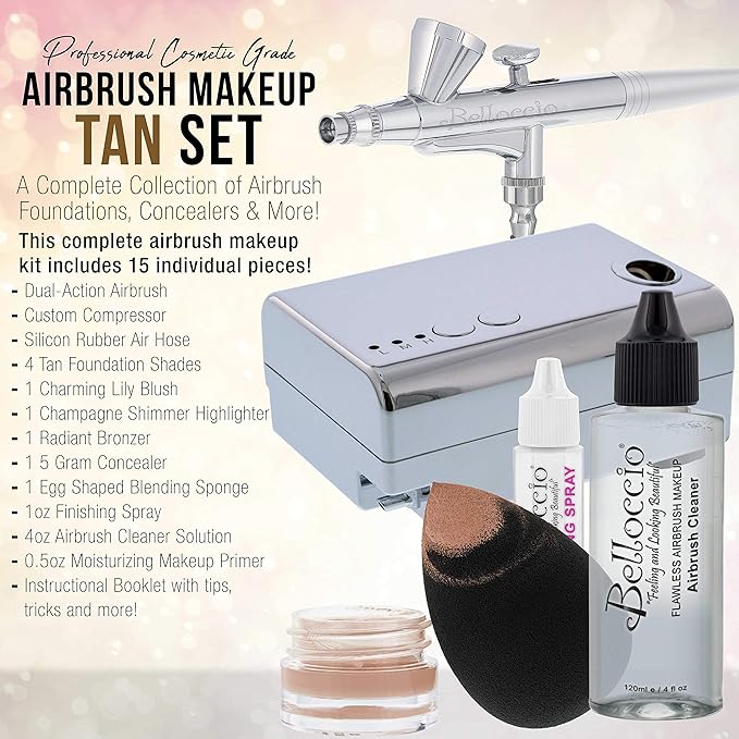 Belloccio Professional Beauty Airbrush Cosmetic Makeup System with 4 Tan Shades of Foundation in 1/4 Ounce Bottles - Kit Includes Blush, Bronzer and Highlighter and 3 Bonus Items and a Video Link