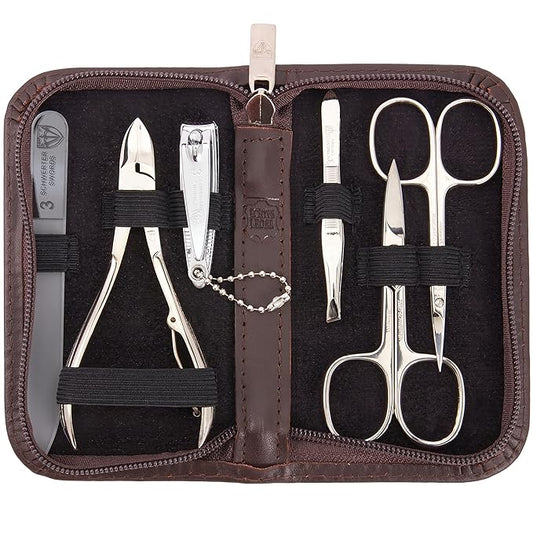 3 Swords Germany - brand quality 6 piece manicure pedicure grooming kit set for professional finger & toe nail care scissors clipper genuine leather case in gift box, Made in Solingen Germany (03652)