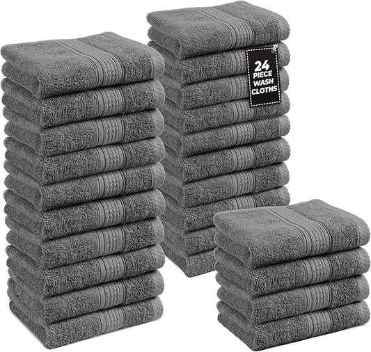 LANE LINEN Pack of 24 Washcloths Set - Spa & Salon Quality - 100% Mercerized Cotton Face Towels - Ring Spun, Very Soft & Absorbent Wash Cloths for Showering - Fingertip Towels - 13"x13", Space Grey
