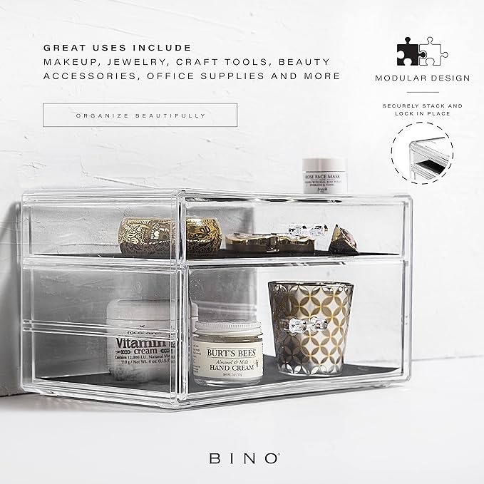 BINO | 2 Drawer Makeup Organizer - Madison Avenue | THE MANHATTAN SERIES | Makeup Drawer Organizer | Makeup Storage | Cosmetic Organizer | Vanity Organizer | Clear Makeup Organizers And Storage Cases