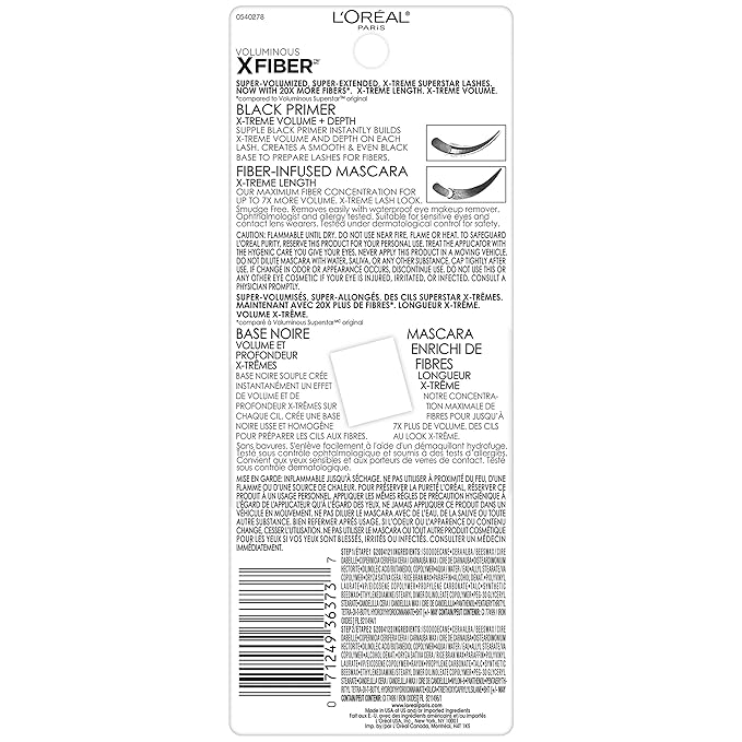 L’Oréal Paris Makeup Voluminous X Fiber Waterproof Mascara with Black Primer, Blackest Black, 1 Tube
