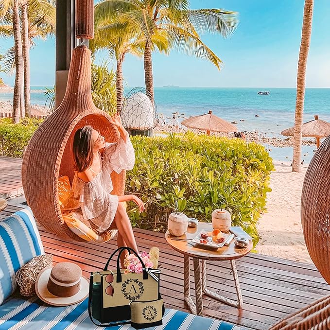 YOOLIFE Mothers Day Gifts - Initial Jute Tote Bag & Makeup Bag, Personalized Gifts for Women Mom Wife Teacher Friend Birthday