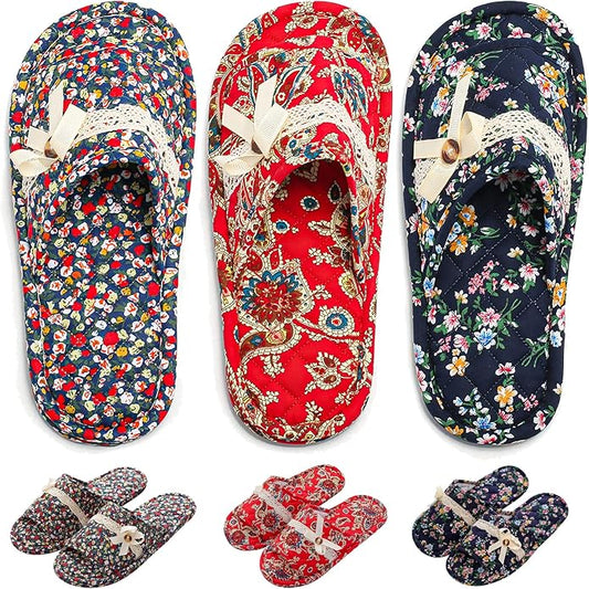 3 Pairs Floral Cotton House Slippers for Women, Open Toe Indoor Slippers Comfortable Washable Portable Foldable Guest Travel Hotel Airplane Spa Slippers