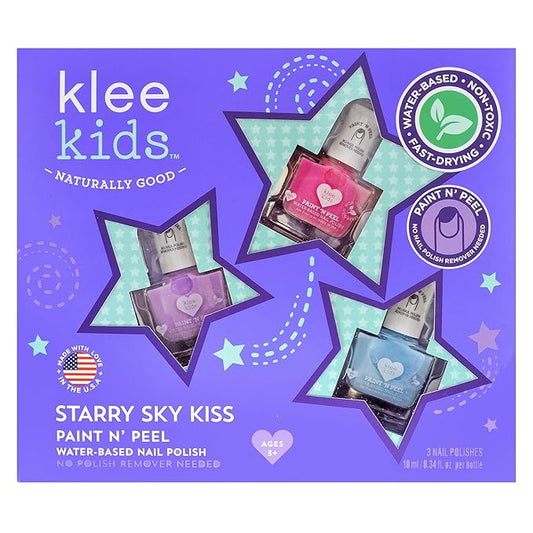 Klee Kids Water-Based Peelable Nail Polish Gift Set. Odor-Free. Non-Toxic. Made in USA. (Starry Sky Kiss)