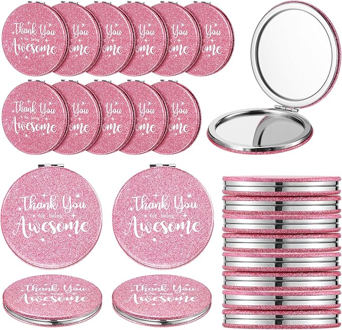 Thyle 24 Pcs Pink Inspirational Compact Mirror Gifts for Women Thank You for Being Awesome Travel Bling Pocket Mirror Bulk Double Sided for Mother's Day Employee Coworker Birthday Female Gifts