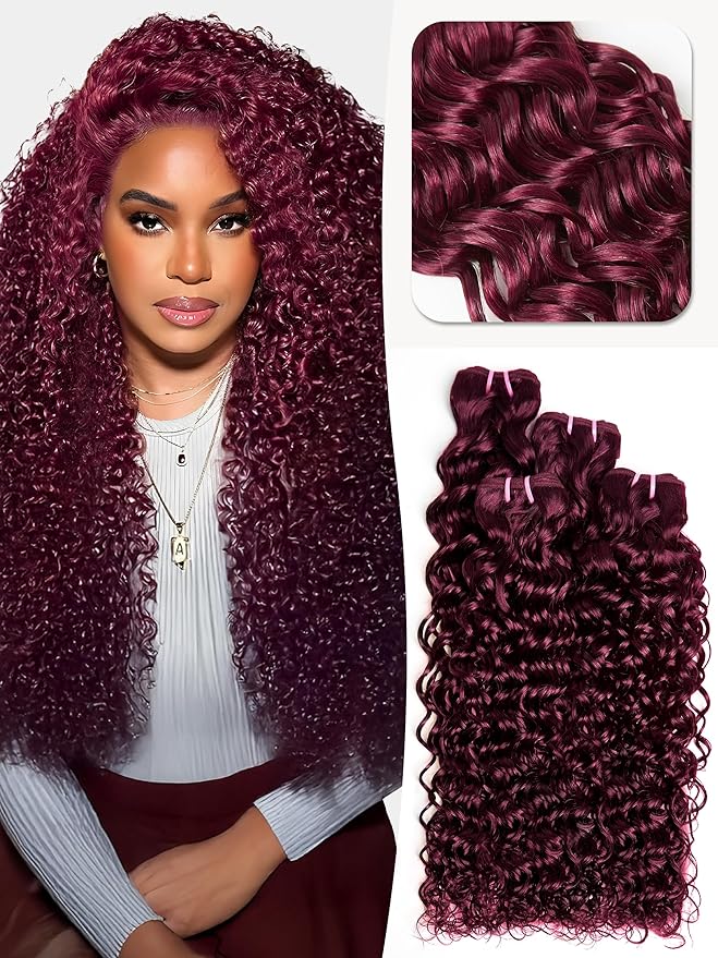 Human Hair Bundles 4 Bundles Hair Extensions 16 18 20 22 Inch Dark Burgundy Water Wave 100% Unprocessed Curly Brazilian Virgin Hair Wet and Wavy Human Hair A99J
