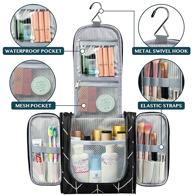 PAVILIA Toiletry Bag Travel Bag for Women Men, Hanging Cosmetic Organizer, Water Resistant Makeup Bag for Accessories Toiletries, Large Travel Essentials Kit (Black Chevron)