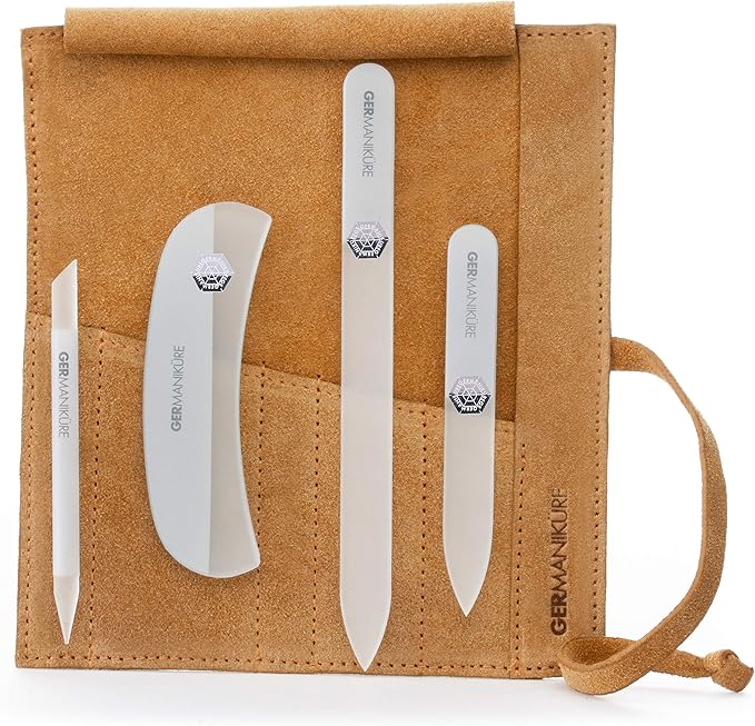 GERMANIKURE Crystal Glass Nail File Set in Yellow Suede Case – Handmade in Czech Republic – Professional Manicure & Pedicure Supplies – Glass Cuticle Stick, Pusher, Moon File