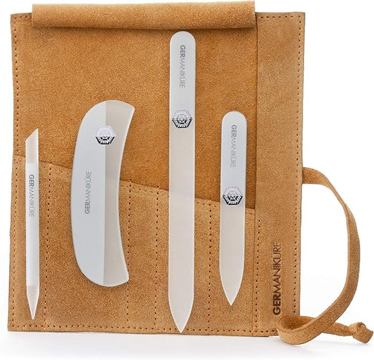 GERMANIKURE Crystal Glass Nail File Set in Yellow Suede Case – Handmade in Czech Republic – Professional Manicure & Pedicure Supplies – Glass Cuticle Stick, Pusher, Moon File