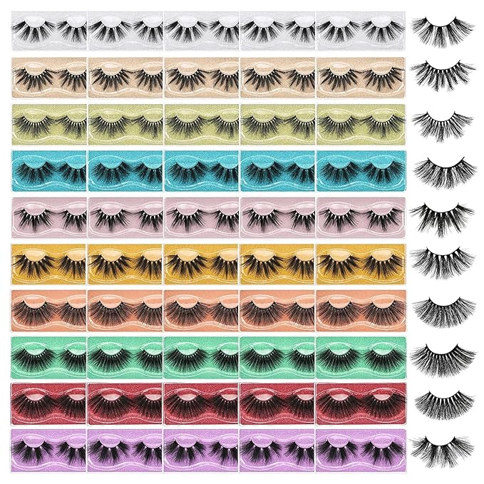 FARRED Wholesale 25mm Faux Mink Lashes, 50 Pairs 10 Styles, Bulk Long Dramatic 6D Fake Eyelashes Strip Volume Lashes, Synthetic False Eyelashes