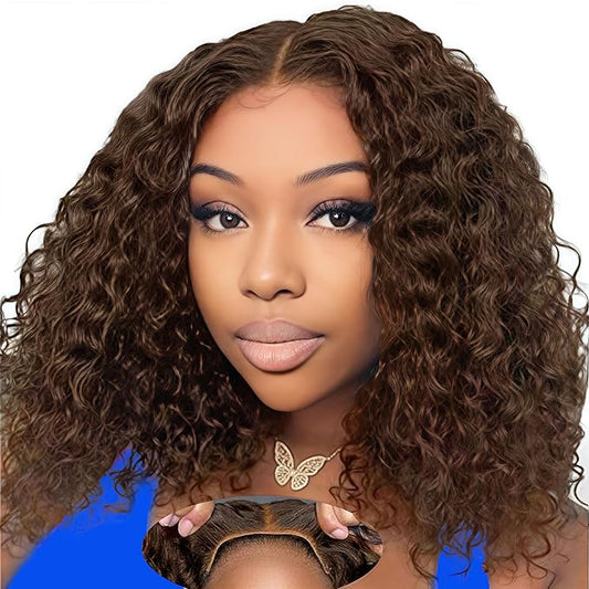 5×5 Closure Bob Wig Human Hair Glueless Wigs Human Hair Pre Plucked Pre Cut Short Curly Wig Water Wave Middle Part 4# Chocolate Brown for Women Wigs for Black Women 14Inch