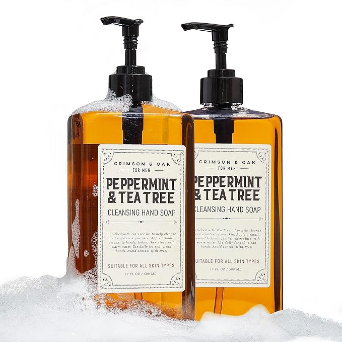 Body Prescriptions Crimson & Oak Men's Deep Cleansing Hand Soap with Pump Dispenser, 17 Fl Oz (Pack of 2), Peppermint and Tea Tree
