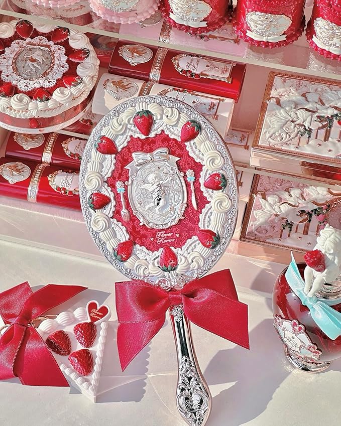 Flower Knows Strawberry Cupid Hand Mirror,Portable Vintage Handheld Mirror,Durable Metal Mirror,Cute & Aesthetic Princess Mirror,with Long Handle for Easy Holding,Gift for Girls(Red Velvet)