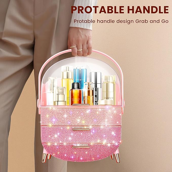 Bling Makeup Organizer for Teen Girl Gift,Hollywood Vanity Makeup Storage Box for Girl Birthday Gift,Practical Gift for Daughter,Bathroom Organizer,Skincare Organizer (Triple Pink)