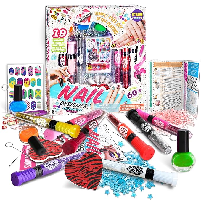Nail Polish Pens Kit for Girls Ages 7-12, FunKidz Nail Pen Combo Kit Teen Gift Peelable Nail Art Studio Set with Cool Girly Decoration Stuff Pearl Beads, Glitter, Nail Stickers, Nail File, Gems