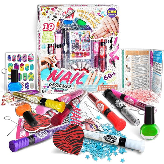 Nail Polish Pens Kit for Girls Ages 7-12, FunKidz Nail Pen Combo Kit Teen Gift Peelable Nail Art Studio Set with Cool Girly Decoration Stuff Pearl Beads, Glitter, Nail Stickers, Nail File, Gems