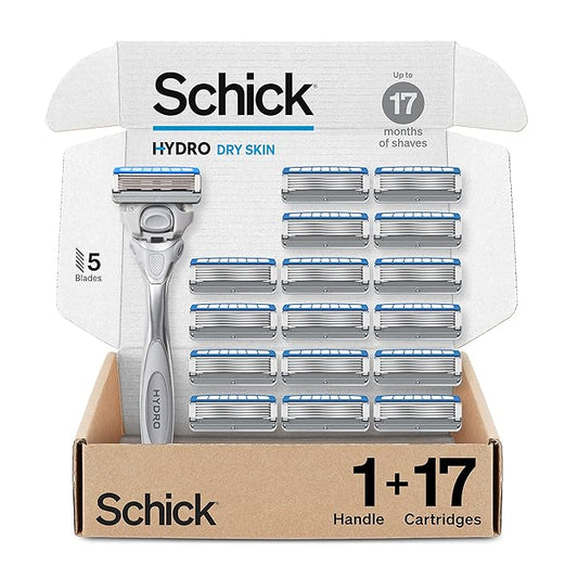 Schick Hydro Dry Skin Razors for Men | 5-Blade Mens Razors for Shaving, 1 Mens Razor Handle with 17 Razor Blades Refills