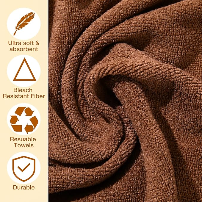 Newwiee 72 Pack Microfiber Bleach Proof Towels Bulk for Salon 18 x 30 Inch Dry Lint Free Hair Drying Hand Towels for Hair, Gym, Bath, Spa, Shaving, Barber(Brown)