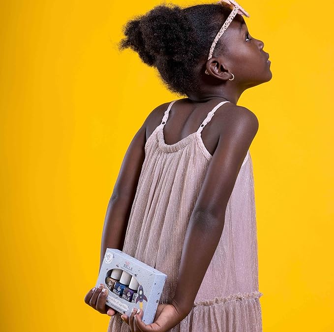 MISS NELLA SPACE COLLECTION Metallic Nail Polish for kids, set of 4 varnishes: silver, bronze, purple & blue, Peel- Off varnish for toddlers