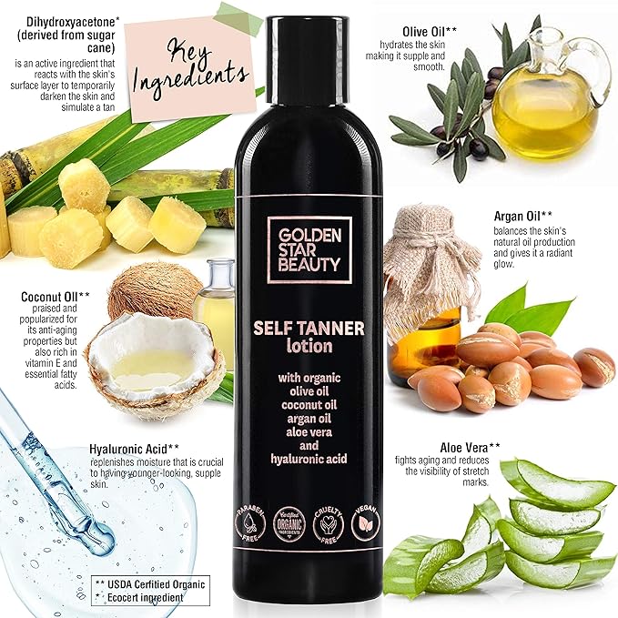 Self Tanner Lotion - Natural Sunless Tanning Lotion w/Organic & Hyaluronic Acid, Fake Tan for Flawless Light to Medium, Self Tanners Best Sellers 8.0 fl.oz.