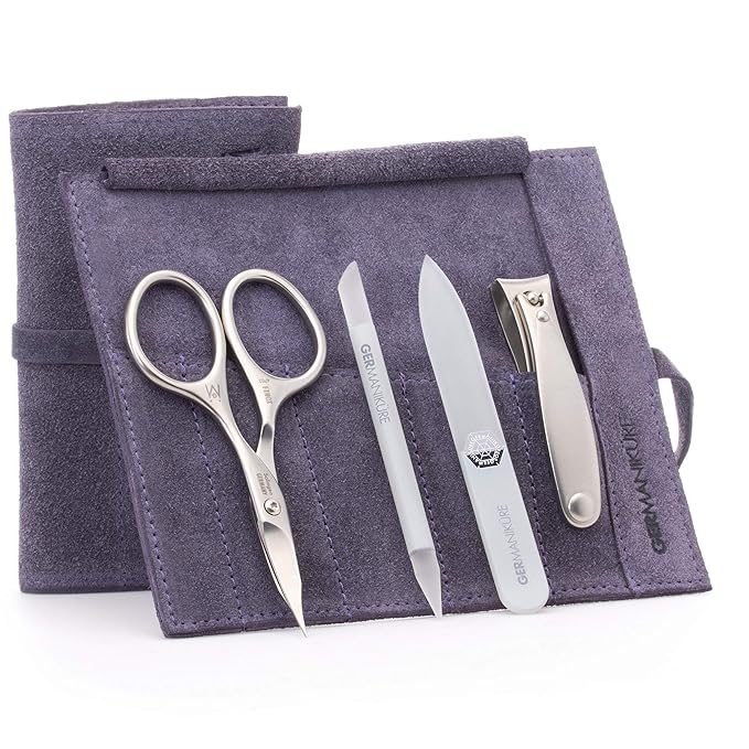 GERMANIKURE 4pc Mini Professional Manicure Set in Suede Case - FINOX Stainless Steel Tools Made in Solingen Germany, Glass Nail Care Supplies Made in Czech Republic