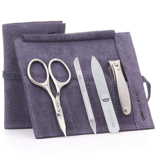 GERMANIKURE 4pc Mini Professional Manicure Set in Suede Case - FINOX Stainless Steel Tools Made in Solingen Germany, Glass Nail Care Supplies Made in Czech Republic