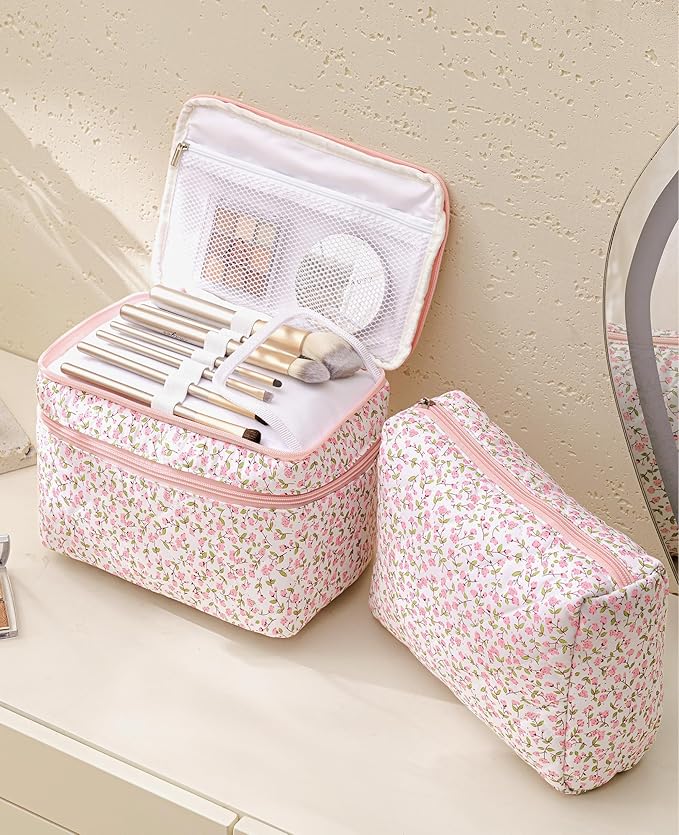 HBselect 2Pcs Travel Makeup Bag, Large Cotton Quilted Makeup Bag Cosmetic Bag Cute Make up Bag Toiletry Bags for Women Girls