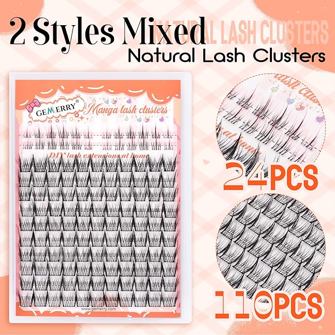 GEMERRY Lash Clusters with Pink Eyelash Clusters 2 Styles 8-12mm Cluster Eyelash Extensions Soft Comfortable Lash Extension Clusters DIY Cluster Lashes for Beginners