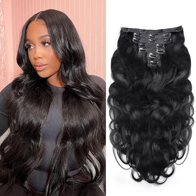 Clip in Hair Extensions 100% Remy Virgin Human Hair Extensions 7pcs Per Set with 16 Clips 100g Natural Black Hair Extensions Double Weft Body Wave Hair Invisible (26 Inch, Natural Color #1B)