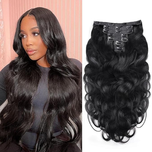 Clip in Hair Extensions 100% Remy Virgin Human Hair Extensions 7pcs Per Set with 16 Clips 100g Natural Black Hair Extensions Double Weft Body Wave Hair Invisible (26 Inch, Natural Color #1B)