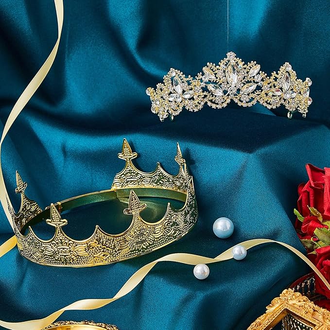 Sureio 2 Pcs Antique Royal King Crown for Men Baroque Queen Crown for 2025 Graduation Prom Party Crystal Tiara Prom Cosplay Birthday Wedding Hair Headband Accessories(Elegant Style)