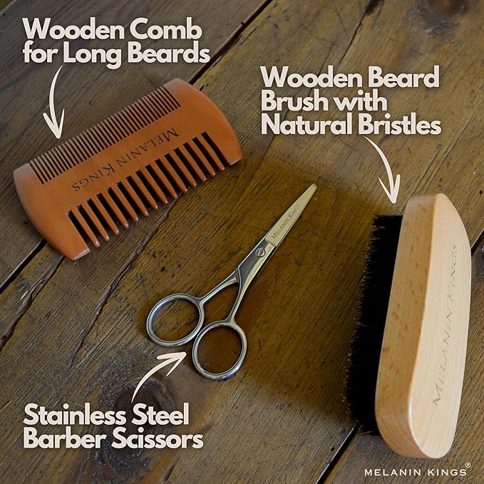 Melanin Kings Beard Grooming Kit for Men - Formulas With Ancient African Natural Ingredients | Beard Wash, Oil, Balm, Brush, Comb, Trimming Scissors